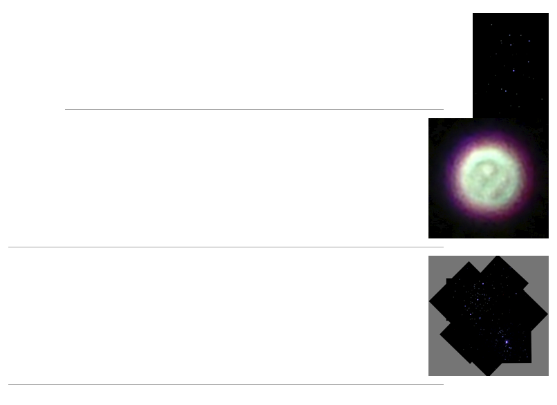 ￼
Plêiades
Thursday, March 1, 2007
O enxame aberto das Plêiades é um grupo de estrelas jovens com cerca de 100 milhões de anos de idade. Fica situado na constelação zodiacal do Touro (o meu signo solar, quem diria!), dista de nós 440 
read more...​
￼
￼
Planetas
Thursday, March 1, 2007
Fotografar a Lua, com uma uma maquina fotográfica digital Panasonic DMC-FZ7 foi uma boa surpresa. Com um zoom de 48x (12x óptico X 4x digital), diafragma fechado e exposição de 1/8 s (por causa do 
read more...​
￼
￼
A espada de Orion
Thursday, March 1, 2007
A imagem de hoje é uma composição feita com várias fotografias tiradas nas noites de 31-12-2006 e 01-01-2007 (o céu estava particularmente límpido, mas a maioria lembrar-se-á mais da sua festa de 
read more...​
￼
